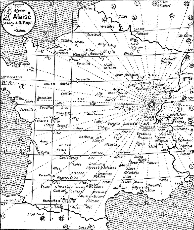 les alignements de villes dont le nom dériverait d'Alésia étoile